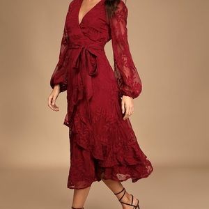 Lulus Spectacular Feeling Burgundy Embroidered Faux Wrap Midi Dress